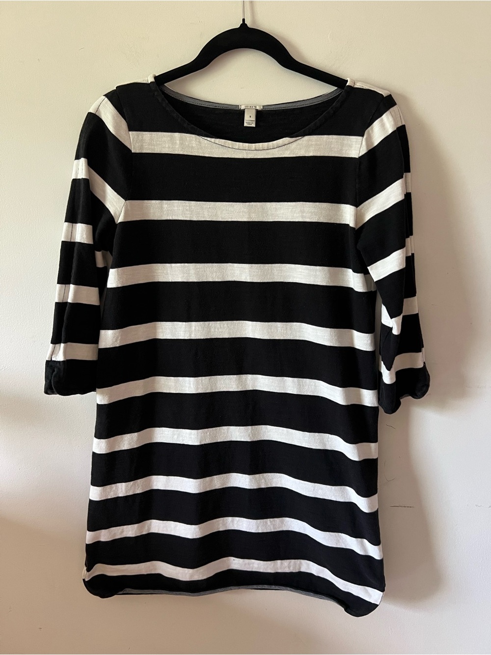 J.Crew Striped T-Shirt Dress Size S 100% Cotton 3/4 Sleeve Black & White
